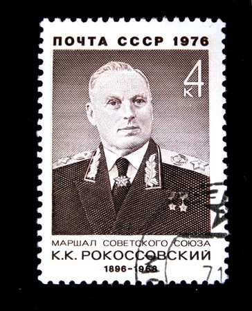 A stamp printed in the USSR shows Marshal Konstantin Rokossovsky, circa 1976の写真素材
