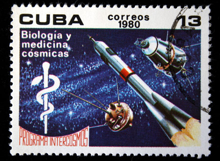 A stamp printed in Cuba devoted Intercosmos program (medicine and biology of cosmos), one stamp from...