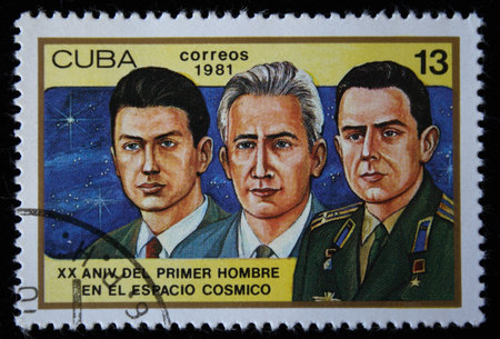 A stamp printed in the Cuba shows Team of spaceship Voskhod Komarov, Feoktistov and Egorov, one...