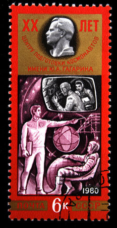 A stamp printed in the USSR shows training of cosmonauts, one stamp from series honoring Yuri...