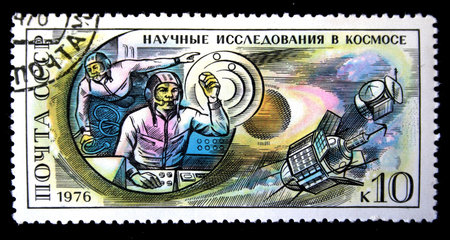 A postage stamp devoted sciense reserches in cosmos, circa 1976の写真素材