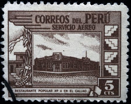  PERU - CIRCA 1937: A stamp printed in Peru shows restaurant in El Callao, circa in 1937 の写真素材