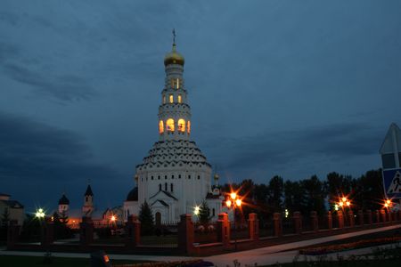 Tank battles in Prokhorovka - the largest tank battle in the history of WW II. Peter and Paul Cathedral in Prokhorovka at the nightの写真素材