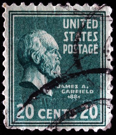  UNITED STATES OF AMERICA - CIRCA 1928: A stamp printed in the USA shows image of President James Garfield, circa 1928 のeditorial素材