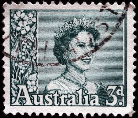 AUSTRALIA - CIRCA 1950s: A stamp printed in Australia shows Queen Elizabeth II, circa 1950s のeditorial素材