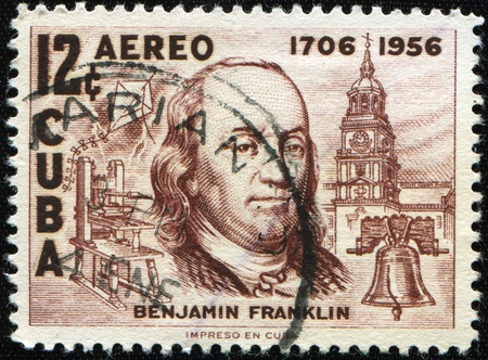 CUBA- CIRCA 1956: A stamp printed in the Cuba shows image of President Benjamin Franklin, circa 1956 のeditorial素材