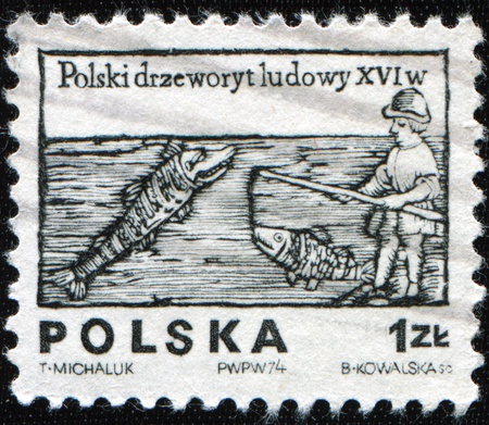 POLAND - CIRCA 1974: Stamps printed in Poland shows fisher, circa 1974 の写真素材
