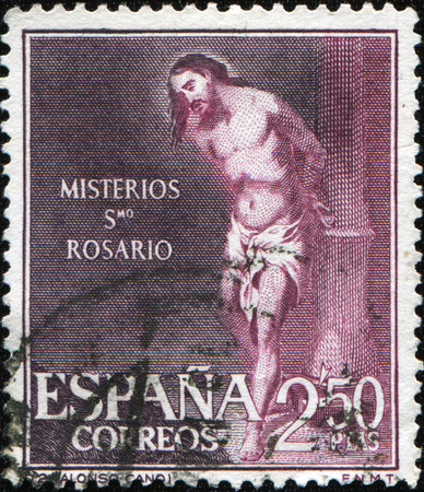 SPAIN - CIRCA 1962: A stamp printed in Spain shows draw by Alonso Cano "Mysteries St. Rosario", circa 1962のeditorial素材
