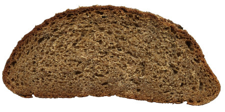 detailed close-up of a piece of rye bread on white background