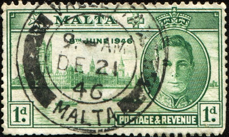MALTA - CIRCA 1946: A stamp honoring The London Victory Celebrations of 1946 were British Commonwealth, Empire and Allied victory celebrations held after the defeat of Nazi Germany and Japan in World War II.The celebrations took place in London on 8 June のeditorial素材
