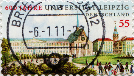 GERMANY - CIRCA 2010: A stamp shows Leipzig University, series honoring 55 years old Federal Republic of Germany, circa 2010の写真素材