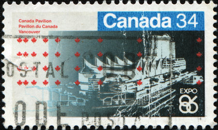 CANADA - CIRCA 1986: A stamp printed in Canada shows Expo 86, Canada Pavilion,Vancouver, circa 1986の写真素材