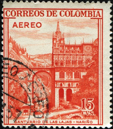 COLOMBIA - CIRCA 1954: A stamp printed in Colombia shows Santuario de las Lajas, Narino, circa 1954の写真素材