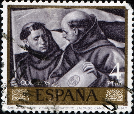 SPAIN - CIRCA 1969: A stamp printed in Spain shows draw by Alonso Cano のeditorial素材