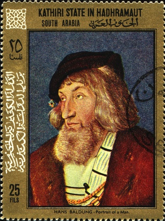 KATHIRI STATE IN HADRAMAUT - CIRCA 1957: A stamp printed in Kathiri State in Hadhramaut (South Arabia) shows paint by Hans Baldung Grien のeditorial素材