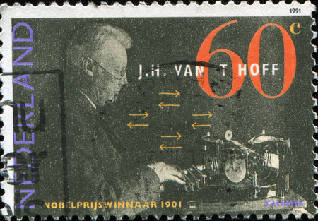 NETHERLANDS - CIRCA 1991: A stamp printed in Netherlands shows Dutch Nobel Prize Winners, Jacobus Hendericus van't Hoff (chemistry, 1901), circa 1991の写真素材