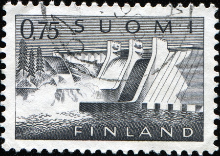 FINLAND - CIRCA 1956: A stamp printed in Finland  shows Pyhakoski Dam, circa 1956の写真素材