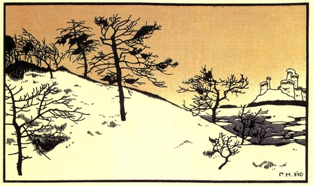 winter lanscape - illustrations by Gregory Narbut Russian folk tale "Mansion", publisher Joseph Knebel, Moscow, 1910のeditorial素材