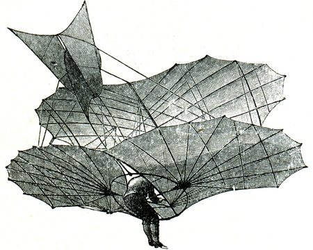 Aerial projectile of Liental during flight, rear view - an illustration of the encyclopedia publishers Education, St. Petersburg, Russian Empire, 1896のeditorial素材