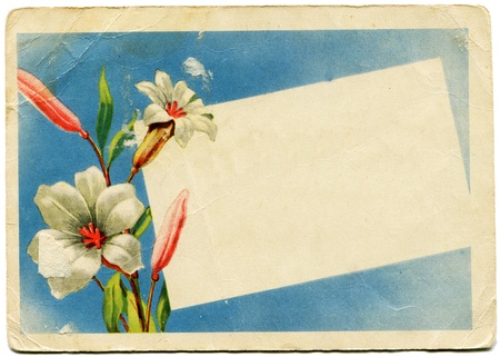 Soviet greeting card  bouquet of white lilies and a blank card against the blue sky, 1958. Deleted russian congratulatory text.のeditorial素材