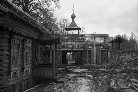 in the country yard of church in the village Agafonov, Odintsovo district, Moscow region, Russia, 1977のeditorial素材