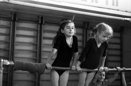 USSR - CIRCA 1975: Girls on the uneven bars at sports school, Kursk, Russia, circa 1975のeditorial素材