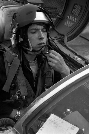 USSR - CIRCA 1976:  pilot, his name is Lieutenant Valerii Poltoranin, testing avionics in the cockpit MiG-21, air base Kubinka, Moscow Region, USSR, July 1976のeditorial素材