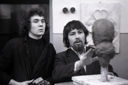 USSR - CIRCA 1975: Professor of Graphic Art Faculty of Kursk State Pedagogical Institute, Alexander Pritula has classes in sculpture, Russia, circa 1975のeditorial素材