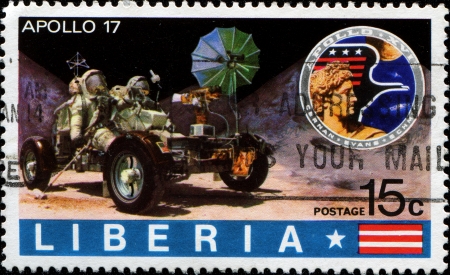 LIBERIA - CIRCA 1975: A stamp printed in Liberia shows Apollo 17 Mission, circa 1975の写真素材