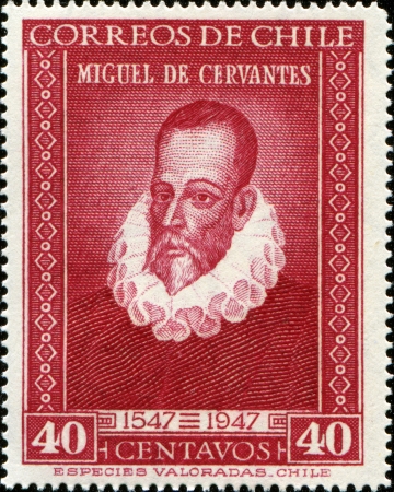 CHILE - CIRCA 1947: A stamp printed in Chile shows Miguel de Cervantes Spanish novelist, poet and playwright, circa 1947のeditorial素材
