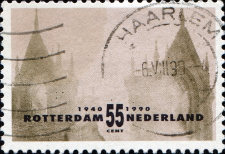 NETHERLANDS - CIRCA 1990: a stamp printed in the Netherlands honoring 50th Anniversary of German Bombing of Rotterdam, Zuiderkerk Ruin, circa 1990 の写真素材