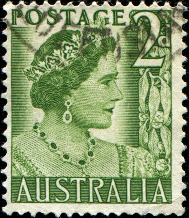 AUSTRALIA - CIRCA 1950: A stamp printed in Australia shows Queen Elizabeth II, circa 1950のeditorial素材