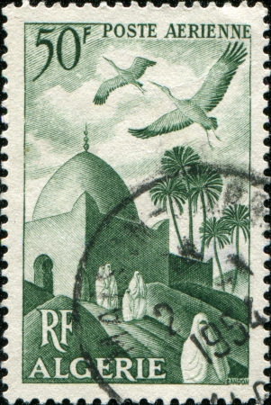 ALGERIA - CIRCA 1949  A stamp printed in Algeria shows White Storks over Minaret, circa 1946のeditorial素材
