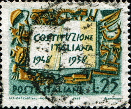 ITALY- CIRCA 1958  A stamp printed in Italy honoring X anniversary of Italian constitution, circa 1958 のeditorial素材