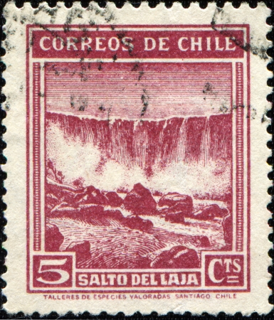 CHILE - CIRCA 1938  A stamp printed in Chile shows Laja Waterfall , circa 1938のeditorial素材