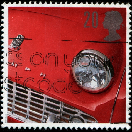 UNITED KINGDOM - CIRCA 1996  A stamp printed in the United Kingdom shows image of the front end of a Triumph automobile, circa 1996 のeditorial素材