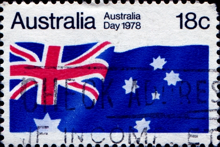 AUSTRALIA - CIRCA 1978  A stamp honoring Australia Day shows flag of Australia , circa 1978 の写真素材