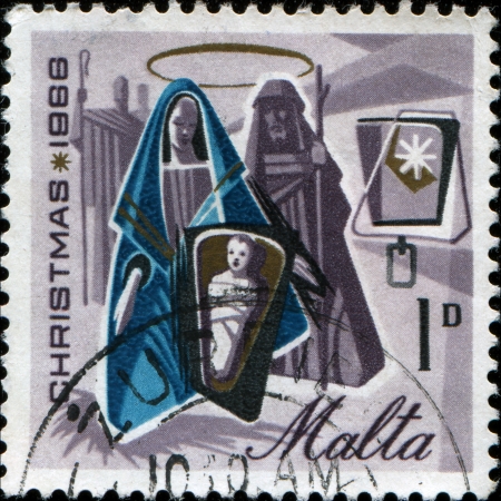 AUSTRIA - CIRCA 1968  A stamp printed in Malta  shows holy fanily, circa 1968の写真素材
