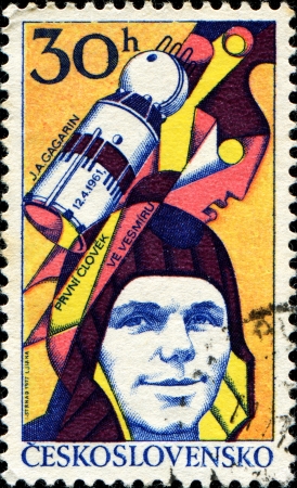 CZECHOSLOVAKIA - CIRCA 1977  A stamp printed in Czechoslovakia, shows Yuri Gagarin  1934-1968 , Soviet cosmonaut, first man in space, circa 1977 のeditorial素材