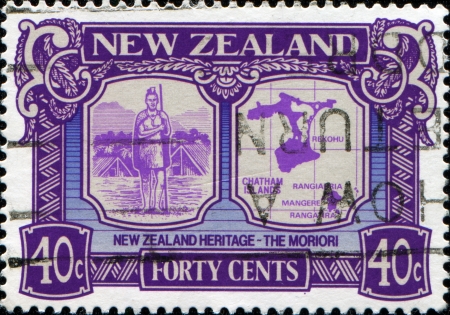 NEW ZEALAND - CIRCA 1989  A stamp printed in New Zealand honoring New Zealand Heritage, the Moriori, circa 1989の写真素材