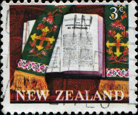 NEW ZEALAND - CIRCA 1968  A stamp printed in New Zealand honoring Centenary of Maori Bible, circa 1968 の写真素材