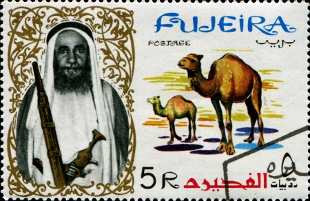 FUJERIA - CIRCA 1964  A stamp printed in Fujeria shows camels, circa 1964 のeditorial素材
