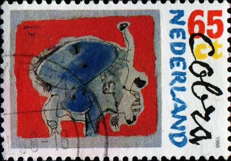 NETHERLANDS - CIRCA 1988  A stamp printed in the Netherlands honoring 40th Anniversary of Founding of Cobra Painters Group, shows Kite, circa 1988の写真素材