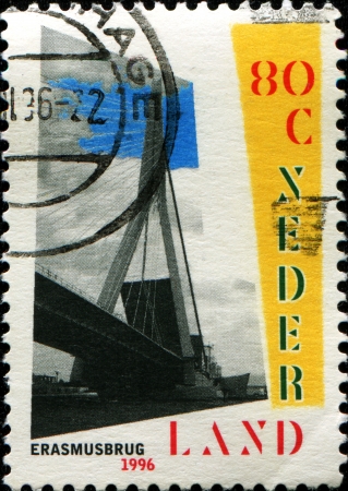 NETHERLANDS - CIRCA 1996  A stamp printed in the Netherlands shows Erasmus Bridge, series, circa 1996の写真素材