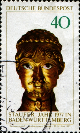 GERMANY - CIRCA 1977  A stamp printed in German Federal Republic honoring Staufer Year, Baden-Wurttemberg, shows Head of Barbarossa, circa 1977 の写真素材