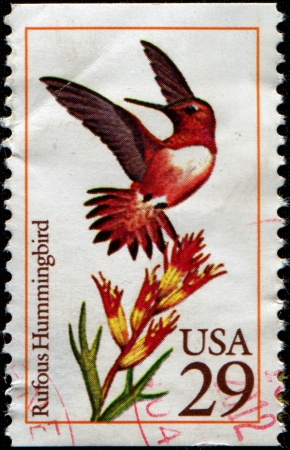 USA - CIRCA 1992  A Stamp printed in USA shows Rufous Hummingbird - Selasphorus rufus, series, circa 1992の写真素材