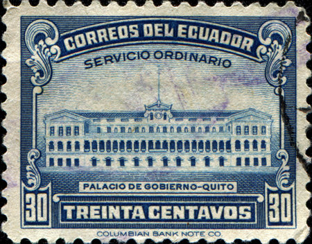 ECUADOR - CIRCA 1944  A stamp printed in  Ecuador shows Government Palace, Quito , circa 1944のeditorial素材