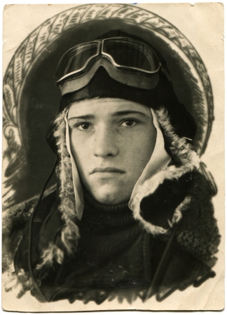 USSR - CIRCA 1947  Studio portrait of Pilot of the Soviet Air Force in the winter pilotのeditorial素材