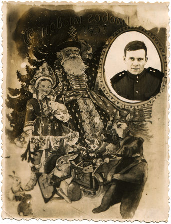 USSR - CIRCA 1957  Studio portrait of a soldier Soviet Army in the vignette dedicated to Christmas,...