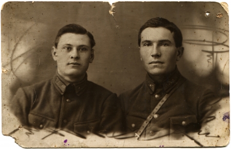 USSR - CIRCA 1929  Reproduction of photo was made in the USSR shows two officers of the Red Army, sirca 1929のeditorial素材